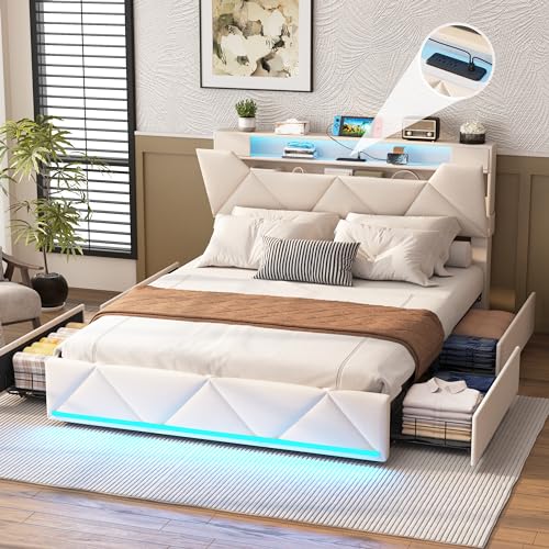 Vabches Queen Bed Frame with Storage Headboard and 4 Drawers,Upholstered Platform with Charging Station and Led Lights,Adjustable Headboard