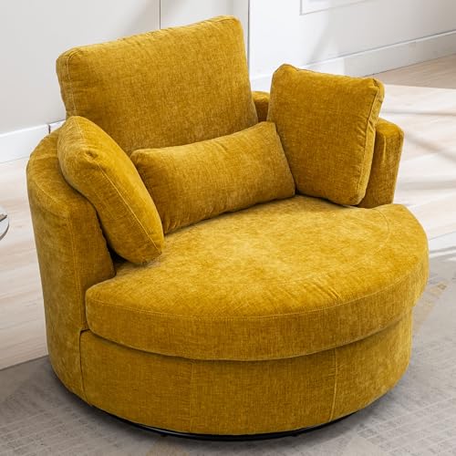 Aoiy & Wifon 42.2" W Oversized Swivel Barrel Chair with Ottoman, Upholstered Round Accent Chair with Storage Ottoman, Chenille, Beige