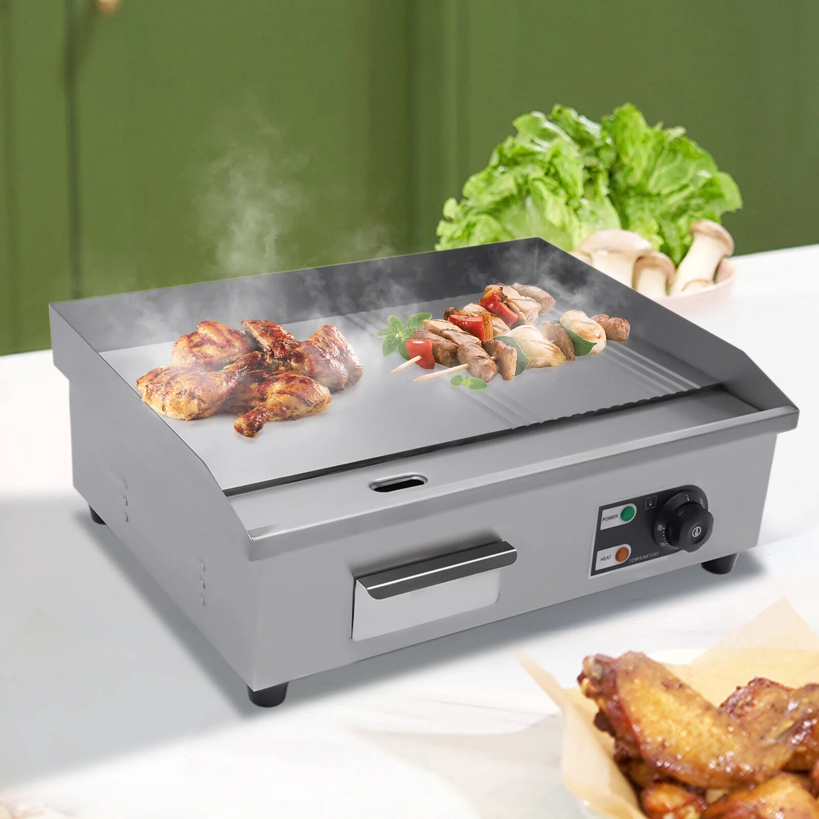 1600W 22" Electric Griddle Flat Top Grill Hot Plate BBQ Countertop Commercial for Pan-Fried Steak, Hand Pancakes, Fried Tofu,Pancakes 122-572