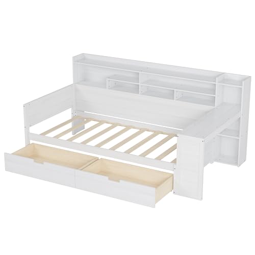 Corner Twin Bed Frame with Bookcase Storage and Desk, Wood Day Beds with 2 Drawers, Twin Size Daybed with Storage for Living Room