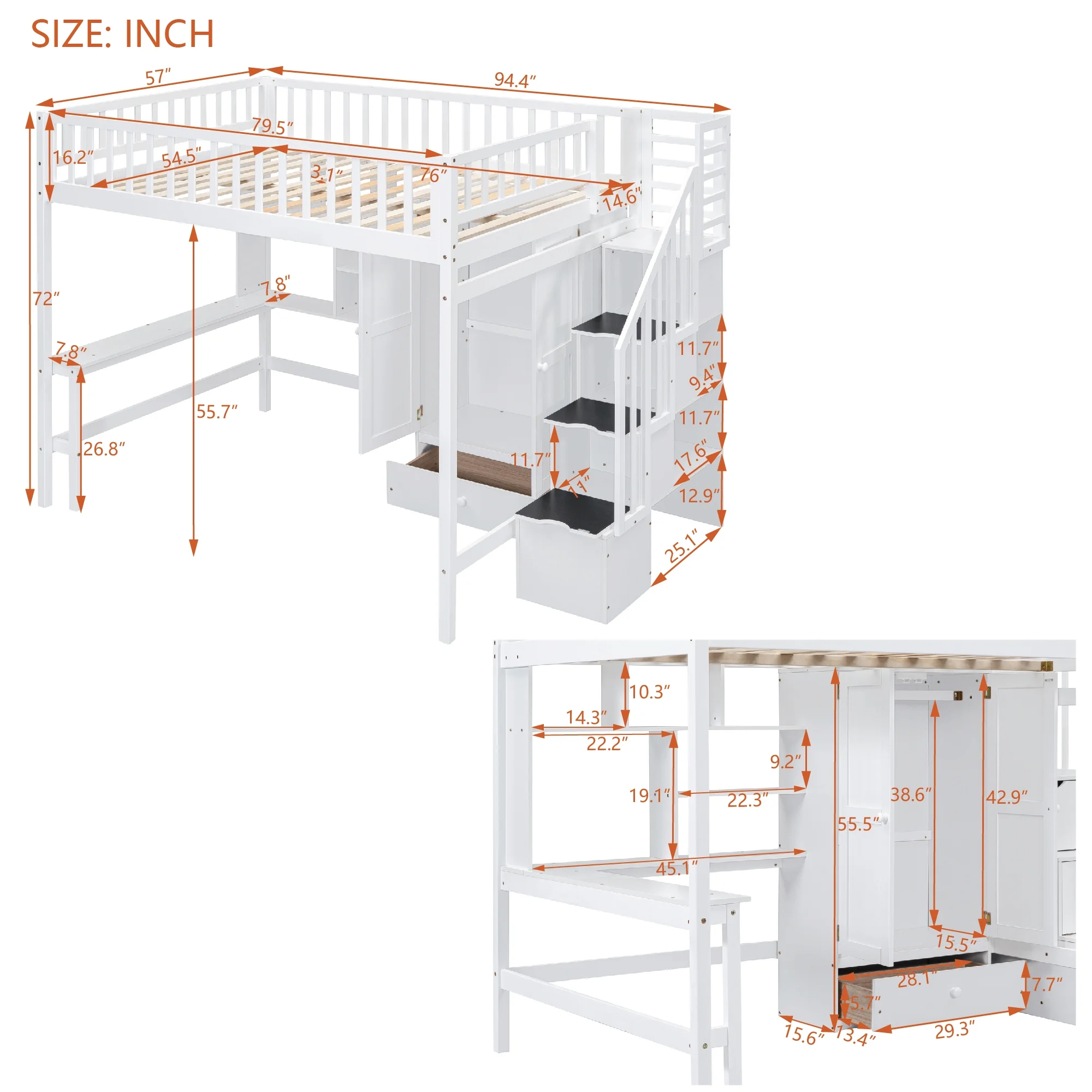 Churanty Full Loft Bed with Wardrobe Storage Space, Stairs Loft Bed with Desk and Shelves for Kids Boys Girls Teens,White - Radiant Selections