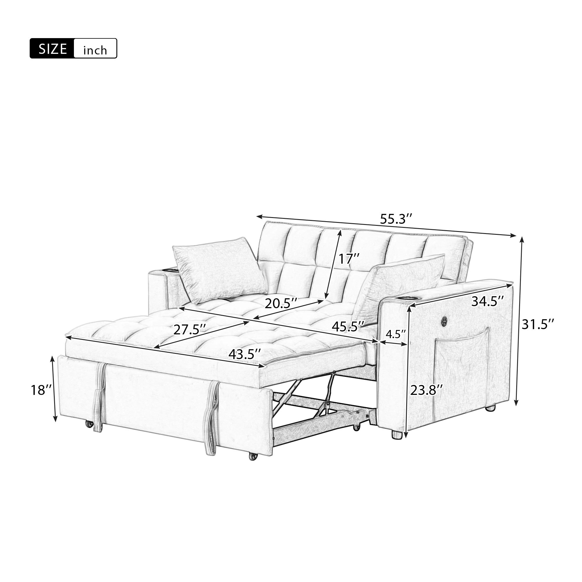 Hombay Modern Convertible Sleeper Sofa Bed, Folding Futon Couch Loveseat with Cup Holder and USB Charging Ports for Living Room Bedroom Apartment