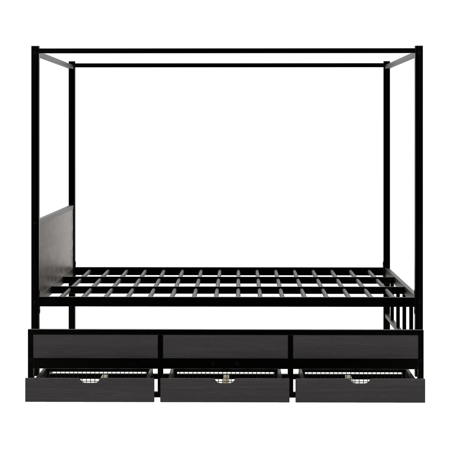 Churanty Queen Size Canopy Platform Bed with Trundle, Metal Four-Poster Canopy Bed Frame with for 3 Storage Drawers for Bedroom,Black