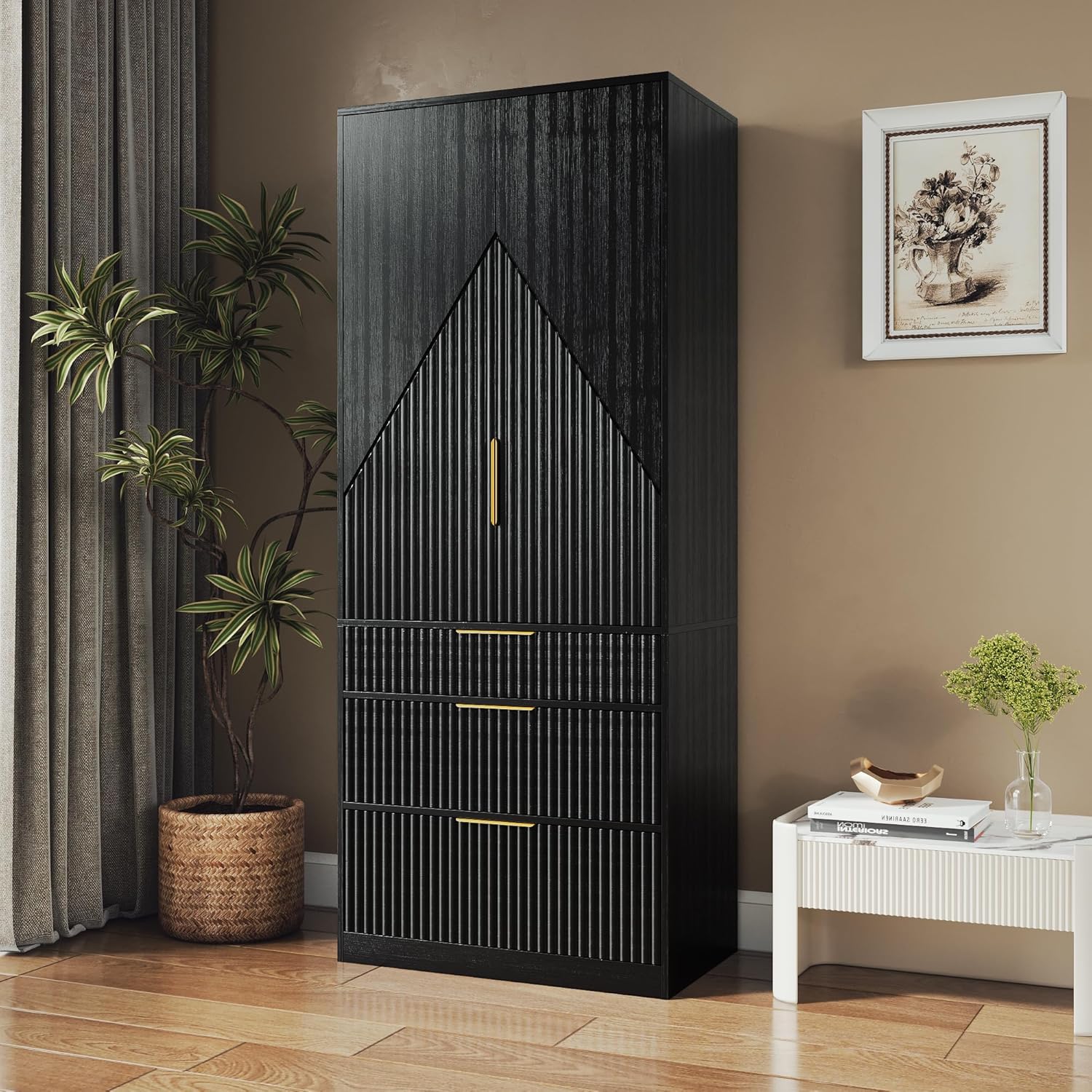 71.7 " Wardrobe Armoire Wooden Closet with 2 Doors and 3 Drawer, Bedroom Armoire with Hanging Rod Shelf, Large Capacity Storage Wardrobe Armoire