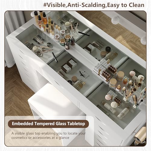 Vanity Desk with Mirror and Lights, Makeup Table with Charging Station, 3 Color Lighting Modes, 15 Drawers Dressing Table
