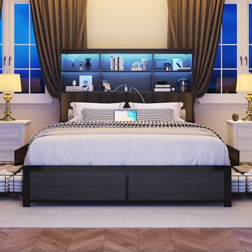 Lifezone Queen Bed Frame with Headboard, Queen Bed Frame with High Storage Bookcase Headboard,4 Storage Drawers & Charging Station & LED