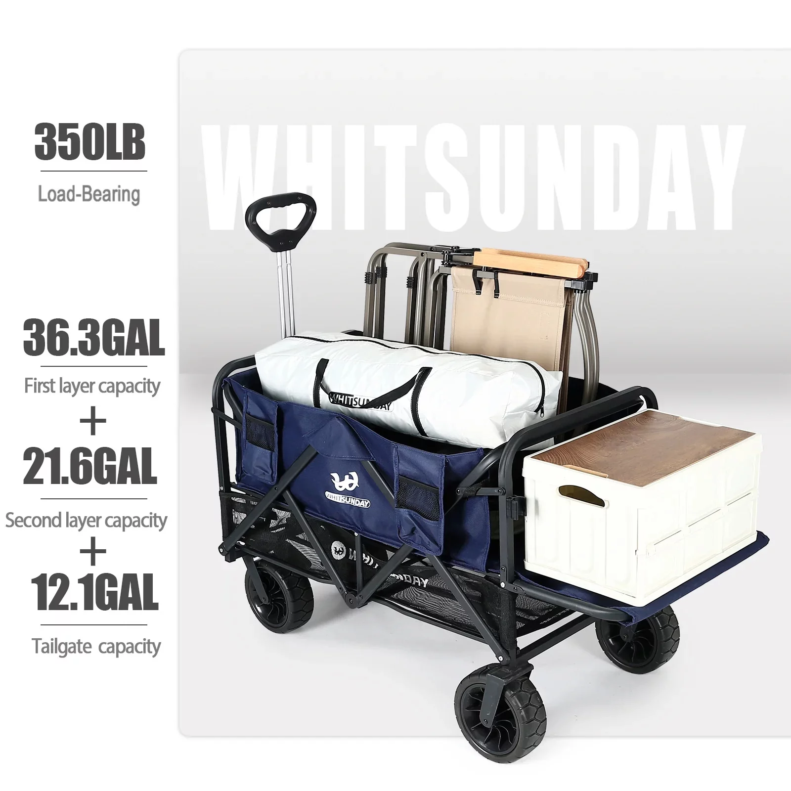 Collapsible Double Decker Wagon, Heavy Duty Foldable Wagon with All-Terrain Big Wheels, Beach Wagon for Camping, Sports, Shopping, Garden