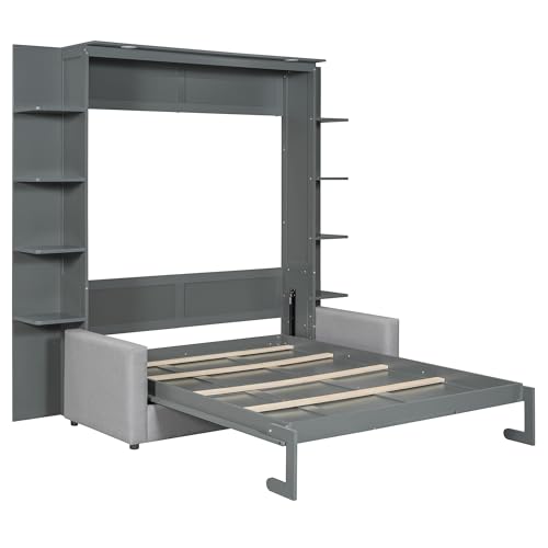 HABITRIO Queen Size Murphy Bed, Wooden Queen Murphy Bed Frame with Shelves, Wall Bed with L-Shape Sofa, White
