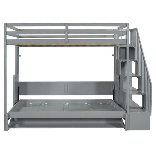 Queen Size Farmhouse Murphy Bed Cabinet with Charging Station, Foldable Platform Bed Frame with 2 Storage Drawers