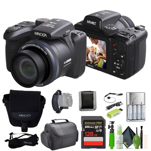 MINOLTA MN40Z 20 Mega Pixels 40x Optical Zoom Digital Camera with 1080p FHD Video (Purple) Bundle with 64GB Memory Card + Vlog Tripod + 4xAA Battery