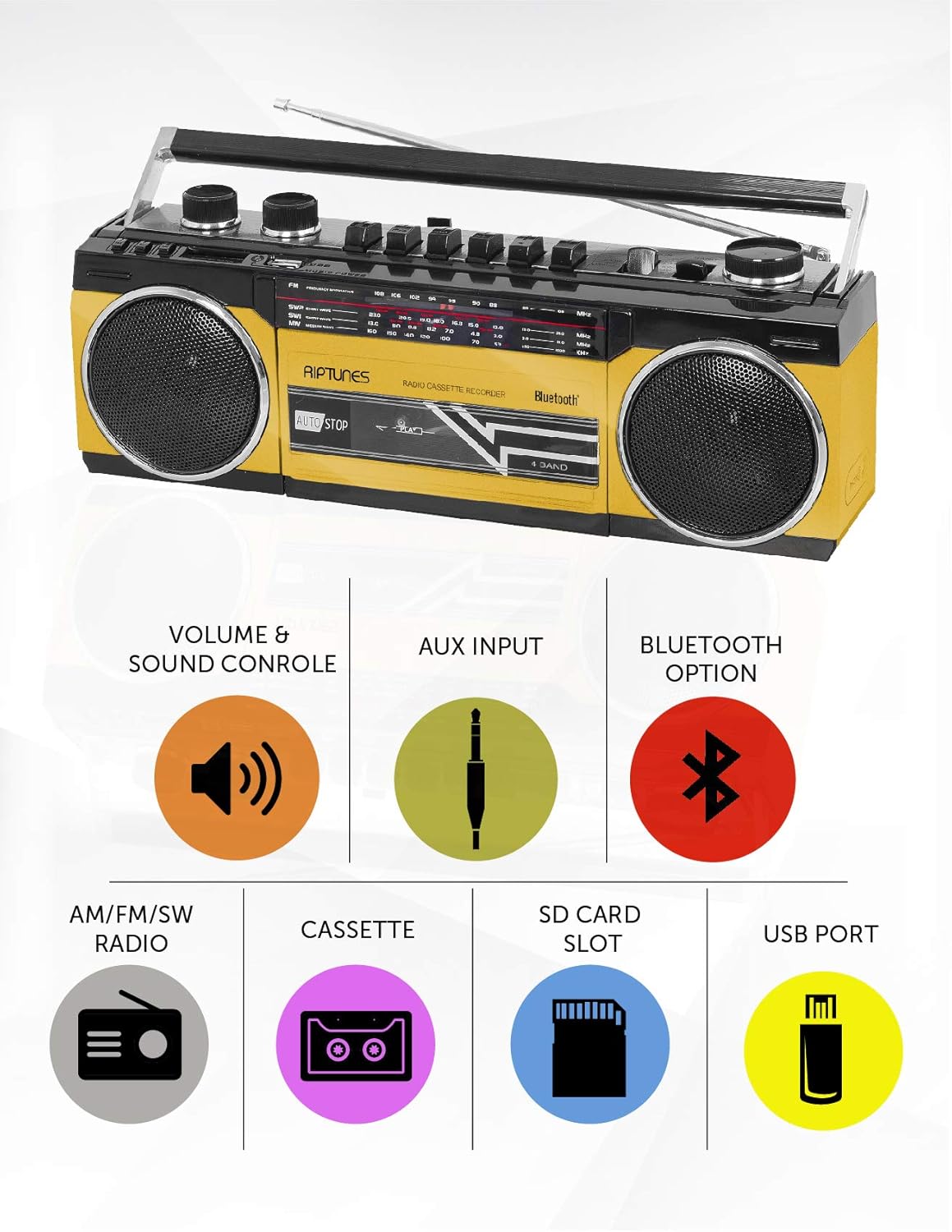 Riptunes Cassette Boombox, Retro Blueooth Boombox, Cassette Player and Recorder, AM/FM/ SW-1-SW2 Radio-4-Band Radio, USB, and SD, Yellow