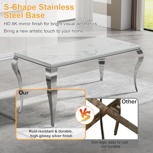 Dining Table Set for 4, Modern Dining Room Table Set for 4, 70" Marble Dining Table with Oval Backrest Leather Chairs