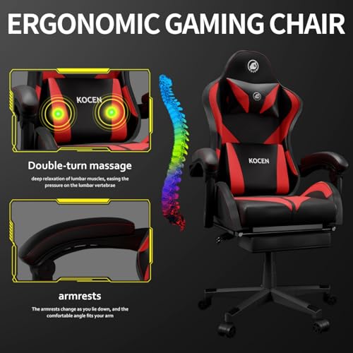 Gaming Chairs for Adults Tall and Kids，Lumbar Support,LED Lights，High Back Reclining Computer Chair with Headrest (Black+Blue)