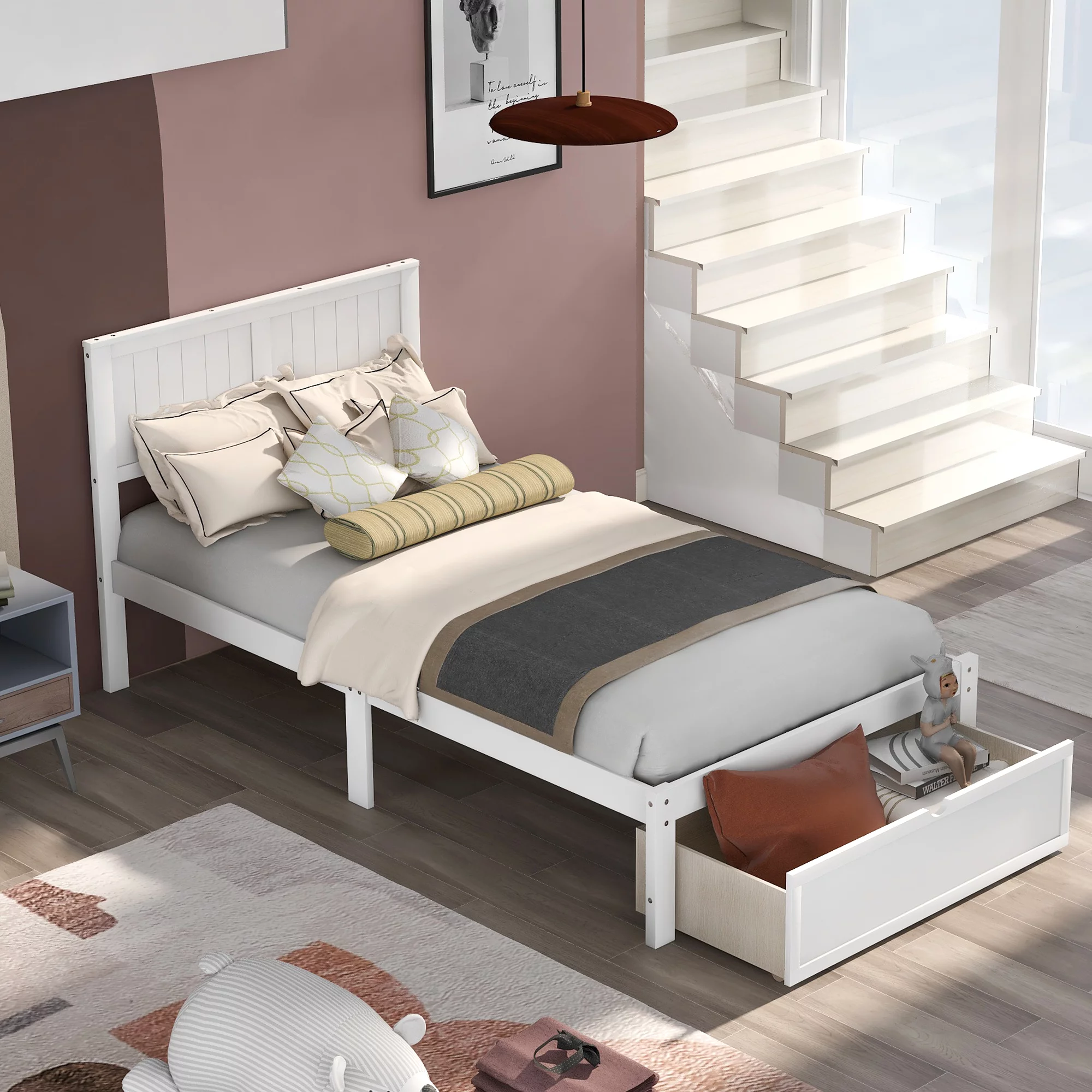Twin Wood Platform Bed with Headboard & Big Storage Drawer for Kids, White