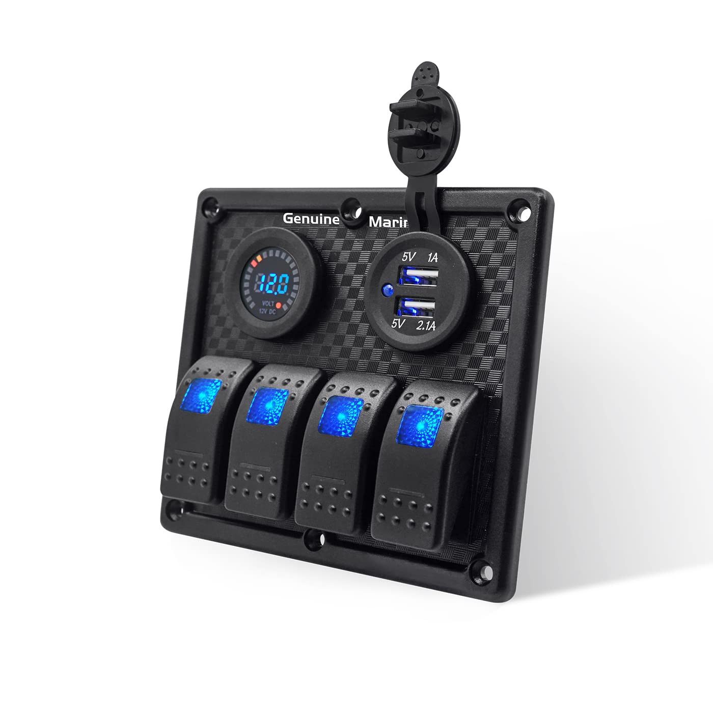 Blue 4 Position Rocker Switch Contura Panel, DC 12V 10/20 Amp 5 Pin On Off Switches, Dual 4.2A USB Port and Color Display Volt Gauge