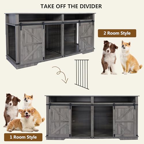 Aoowow Large Double Dog Crate Furniture 72.4" Indoor Dog Kennel with Sliding Barn Door and Divider