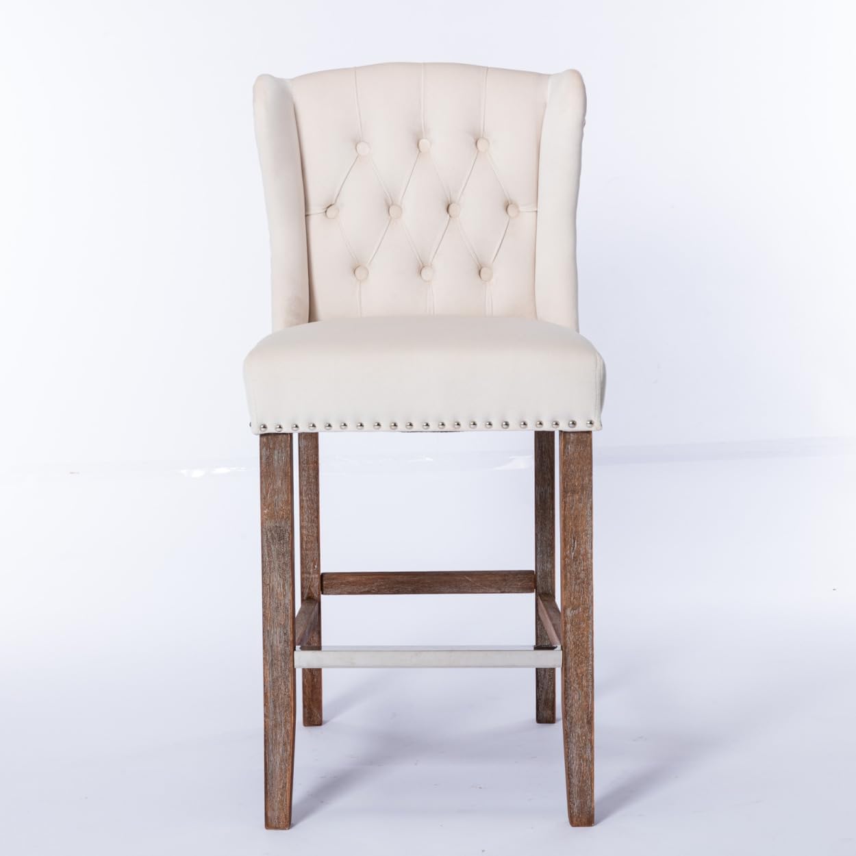 Counter Height Bar Stools, Upholstered 27" Seat Height Barstools, Wingback Breakfast Chairs with Nailhead-Trim & Tufted Back, Wood Legs
