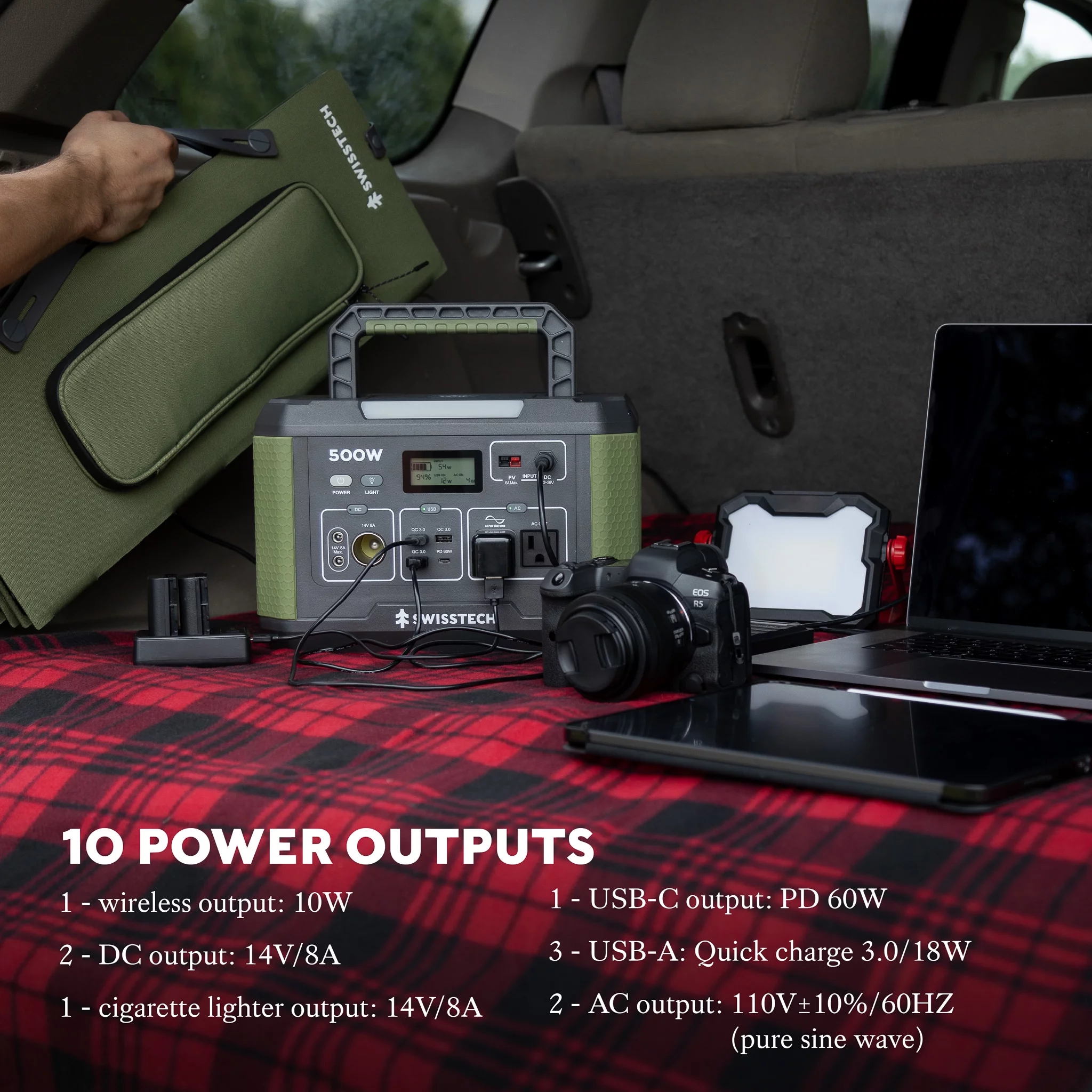 Swiss Tech 500W Portable Power Station, 519.4Wh, Solar Powered Battery for Camping and Travel Emergency