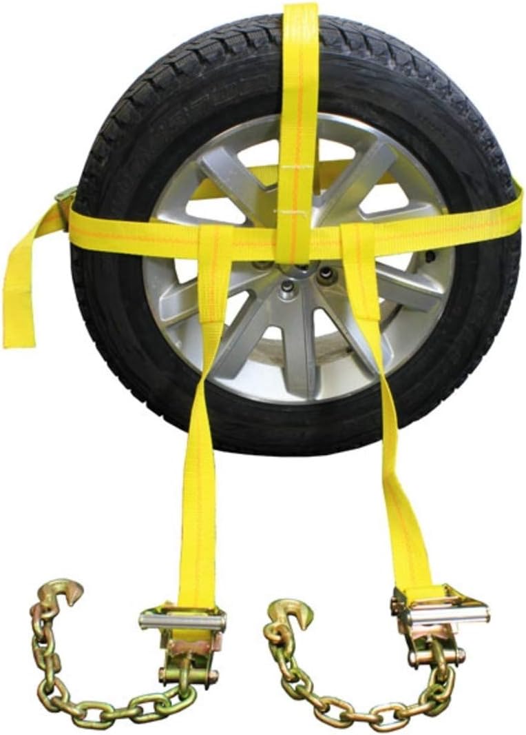 US Cargo Control Side Mount Wheel Net with Cam Buckle,Two Ratchets and Chain Extensions - Easy to Use Wheel Strap for Vehicle Tie Down Applications