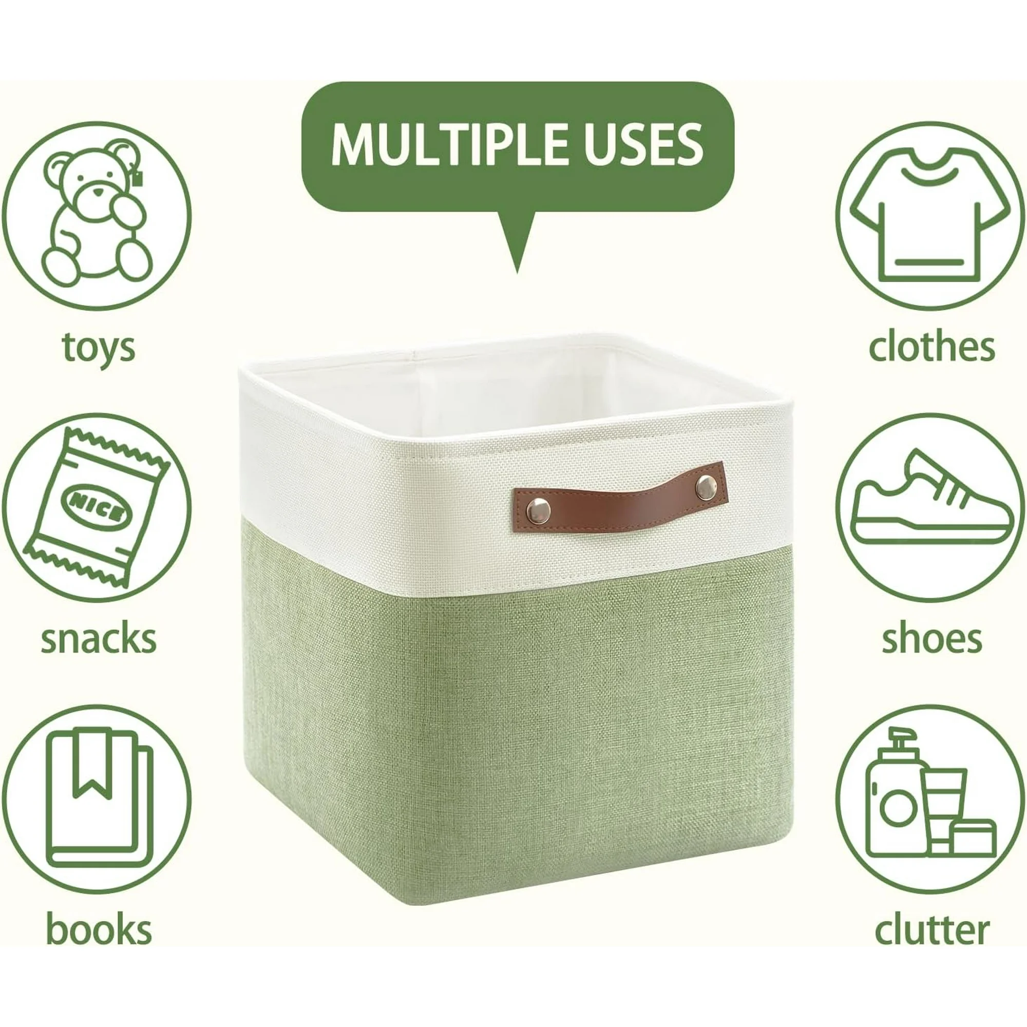 Collapsible Fabric Cube Storage Bins 11x11×11, Pack of 6 Closet Basket Boxes with PU Handles for Organizing Shelves, Toys, Clothes, Home, Laundry