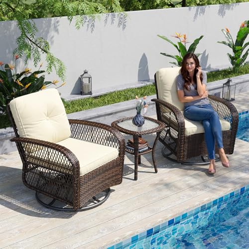 Aoxun 3 Pieces Patio Furniture Set, Patio Swivel Rocker Chairs Set of 2, Wicker Outdoor Bistro Set with Rocking Chair