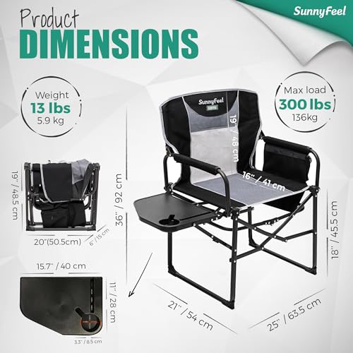 SUNNYFEEL Oversized Camping Directors Chair 2 Pack, Portable Folding Lawn Chairs for Adults Heavy Duty with Side Table,Pocket for Beach, Fishing