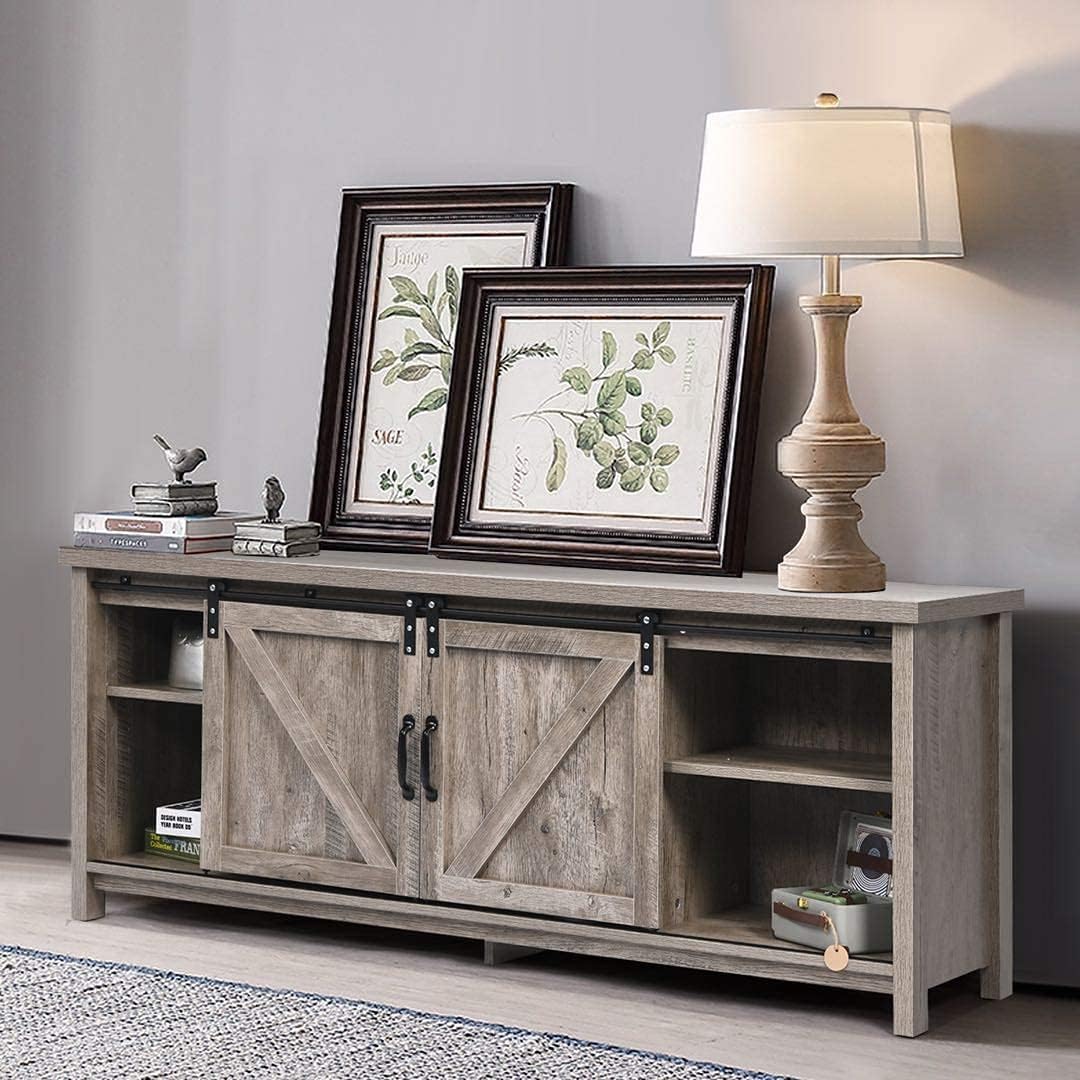 Farmhouse TV Stand Sliding Barn Door, Wood Living Room Storage Cabinet Media Console Entertainment Center w/Doors and Shelves TV's up to 65
