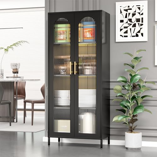 Metal Storage Cabinet, 65” Kitchen Pantry Cabinet with Glass Doors and 3 Adjustable Shelves, Display Curio Cabinet with 2 LED Lights