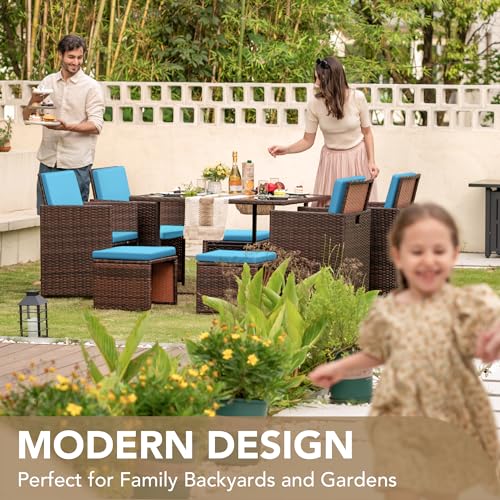 Devoko 9 Pieces Patio Dining Sets Outdoor Space Saving Rattan Chairs with Glass Table Patio Furniture Sets Cushioned Seating and Back Sectional