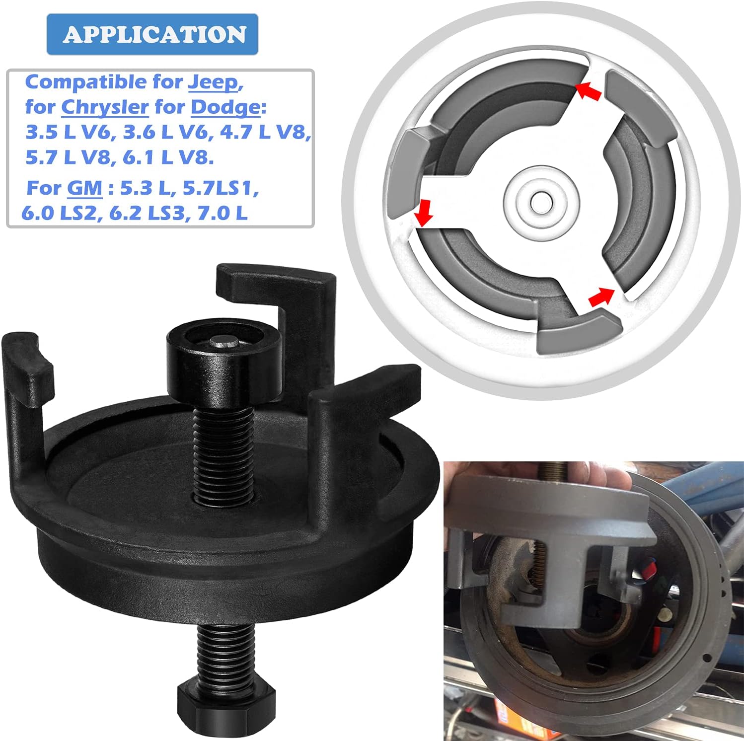For GM LS Harmonic Balancer Puller 25264 Crank Pulley Puller Automotive Replacement Engine Quickly Removes Harmonic Balancers without Tapped Holes