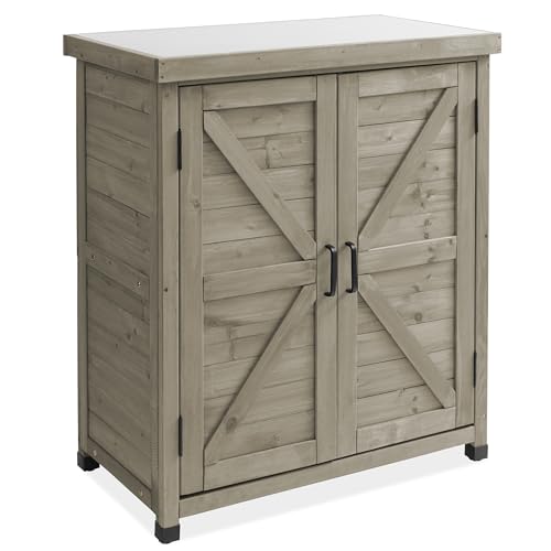 Casafield Outdoor Garden Potting Bench with Metal Tabletop and Storage Cabinet - Wooden Outdoor Garden Patio Workstation Table, Gray