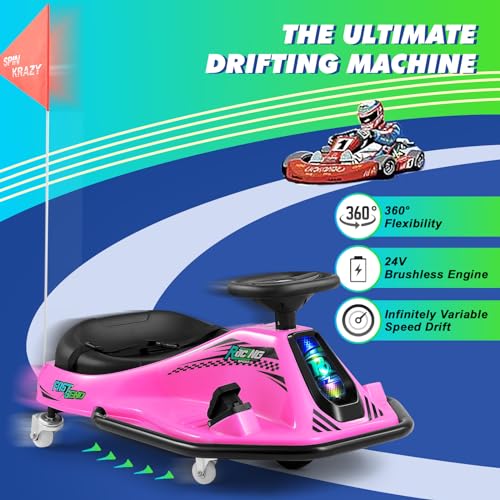 360 Degrees Rotating Ride On Drift Car and 2 Replacement Universal Wheels, 24V Electric Drifting Go Kart for Kids W/Brushless Motor, High/Low Speed
