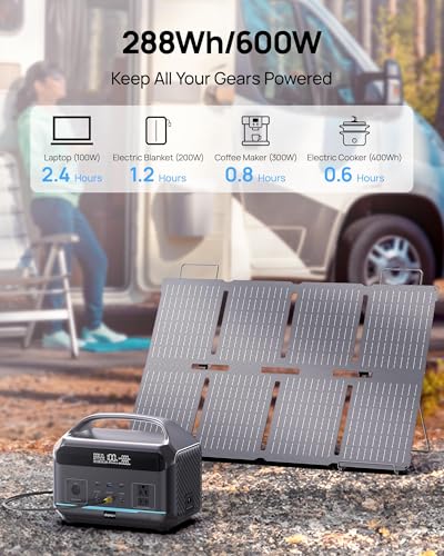 Portable Power Station, Outdoor 288Wh(90,000mAh) LiFePO4 Battery, 600W(1200W Surge) AC Outlets, 1.7H Fast Charging Solar Generator for Camping