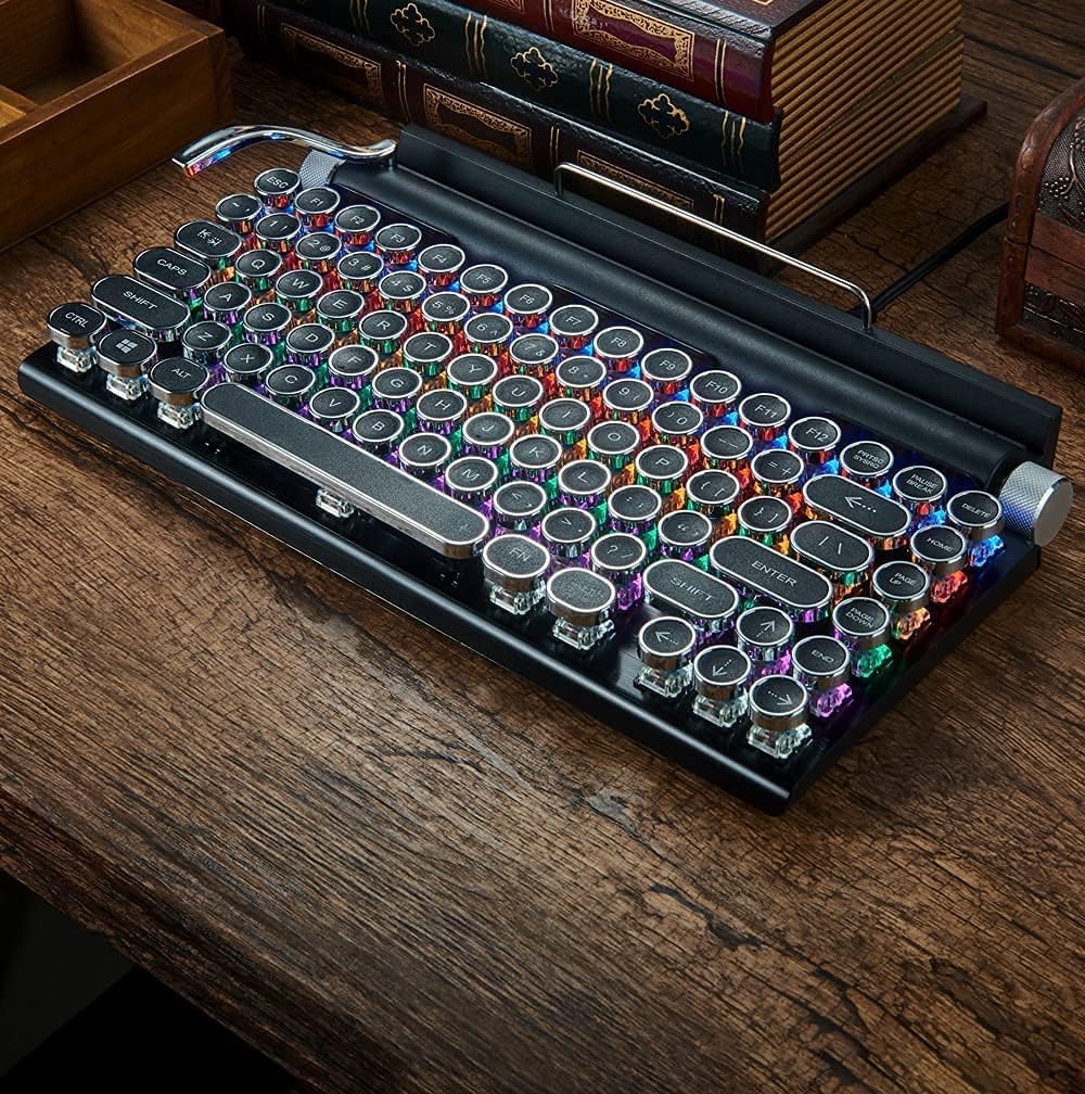 Retro Mechanical Keyboard,Typewriter Style Keyboard,Bluetooth 5.0 Blue Axis Mechanical Keyboard,RGB Backlit Wireless Keyboard,Replaceable Axis Design
