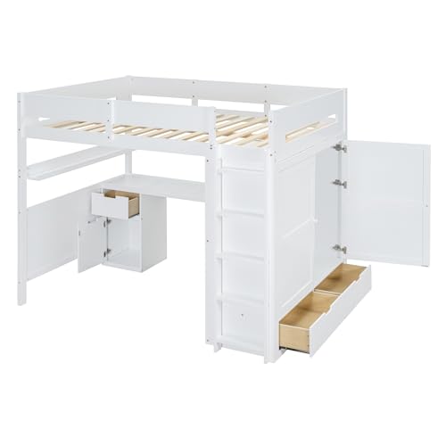 Harper & Bright Designs Twin Size Loft Bed with L-Shaped Desk and Stairs, Solid Wood Loft Bed Frame with Storage Drawers and Bookcase