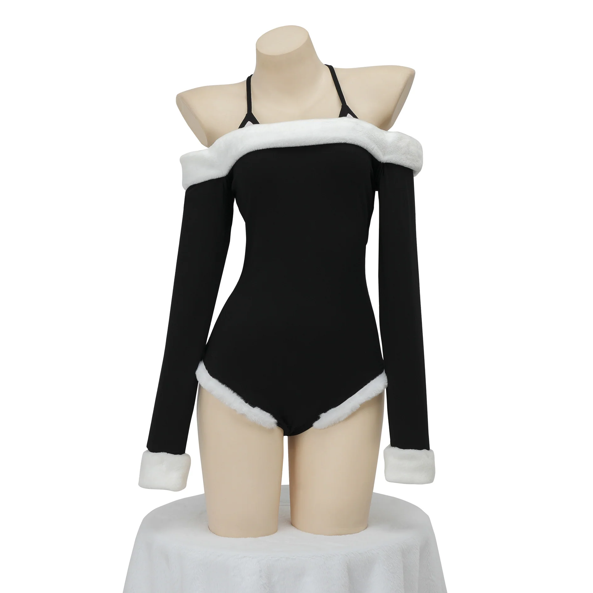 'Monochrome Temptation' Off-Shoulder Fuzzy-Trim Sexy Bodysuit