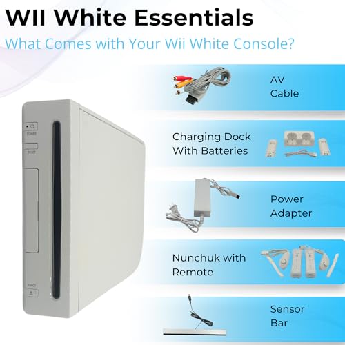 White Premium Wii Console with 1-Year Warranty Includes 2 Remotes, 2 Nunchucks, Dual Dock Stand, Sensor Bar, AV Cable and 2 Gaming Sleeves (Renewed)