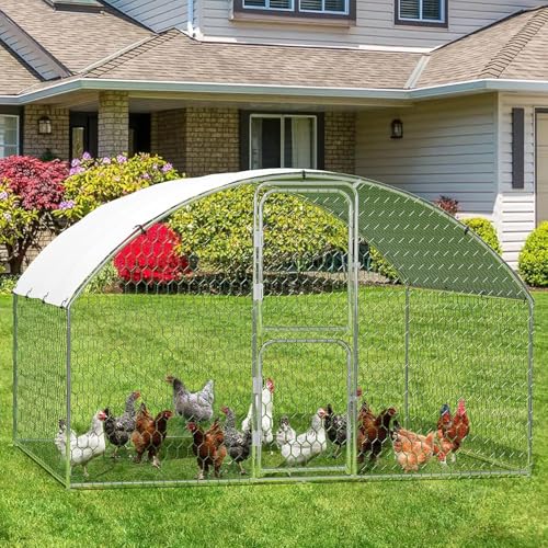 Heavy Duty Walk-in Chicken Coop, Large Metal Poultry Cage with Waterproof UV Cover & Round Top Design