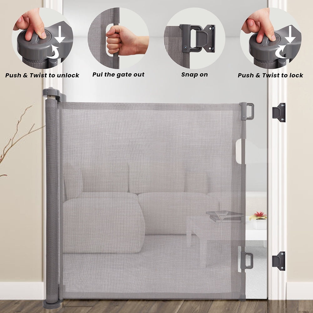 34" x 59" Retractable Baby Gate, Baby Safety Mesh Gate for Stairs, Indoor, Outdoor, Doorways, Hallways (White) - Curated Treasures Market