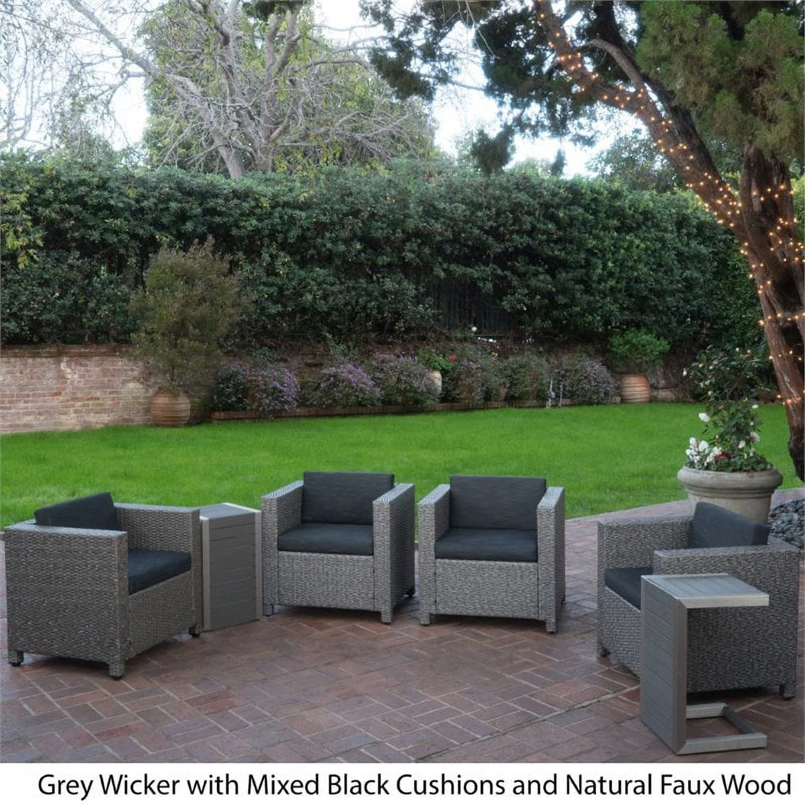 Noble House Puerta 6 Piece Outdoor Wicker Chair and Blended Wood Table Set