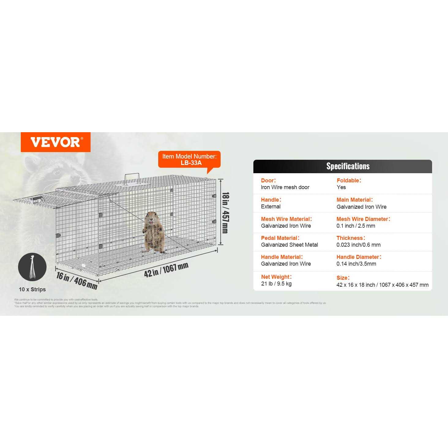 VEVOR Live Animal Cage Trap 42 x 16 x 18 Humane Cat Trap Galvanized Iron YBL42YC00000NH9IXV0 - Sports Supplies Online Store