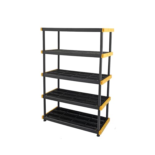 CX Black & Yellow®, 5-Tier Heavy Duty Plastic Storage Shelving Unit, 200lbs/shelf (72”H x 48”W x 20”D), for Indoor/Outdoor Organization, Modular Rack