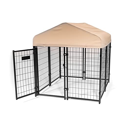 Stay Series 4 by 4 by 4.3 Feet Studio Jr. Black Powder Coat Steel Frame Outdoor Dog Kennel with Waterproof Canopy Roof and Gate Door, Khaki