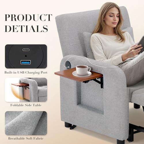 COLAMY Convertible Sleeper Chair-Fabric Futon Sofa Bed, Single Sleeper Sofa, Small Couch Bed with USB Port, Foldable Table, Pillow