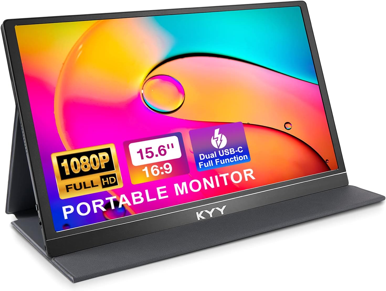 KYY Portable Monitor 15.6'' 1080P FHD USB-C Laptop Monitors w/Smart Cover & Dual Speaker