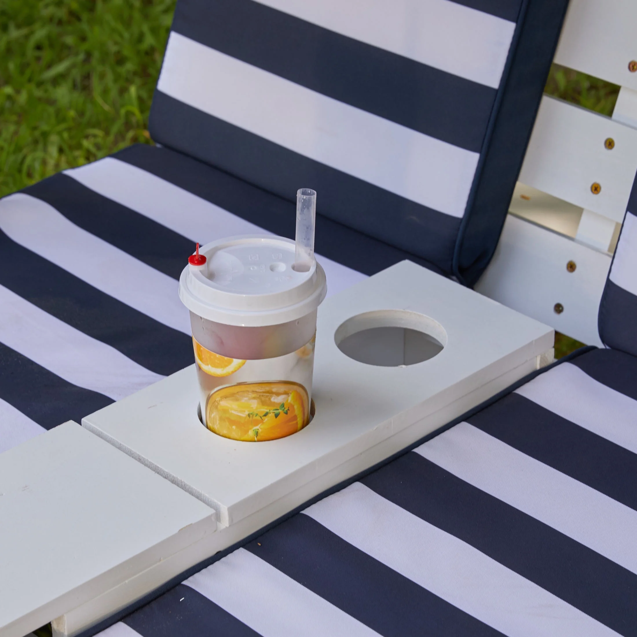 KidKraft Wooden Outdoor Double Chaise Lounge with Cup Holders, White with Navy and White Stripes