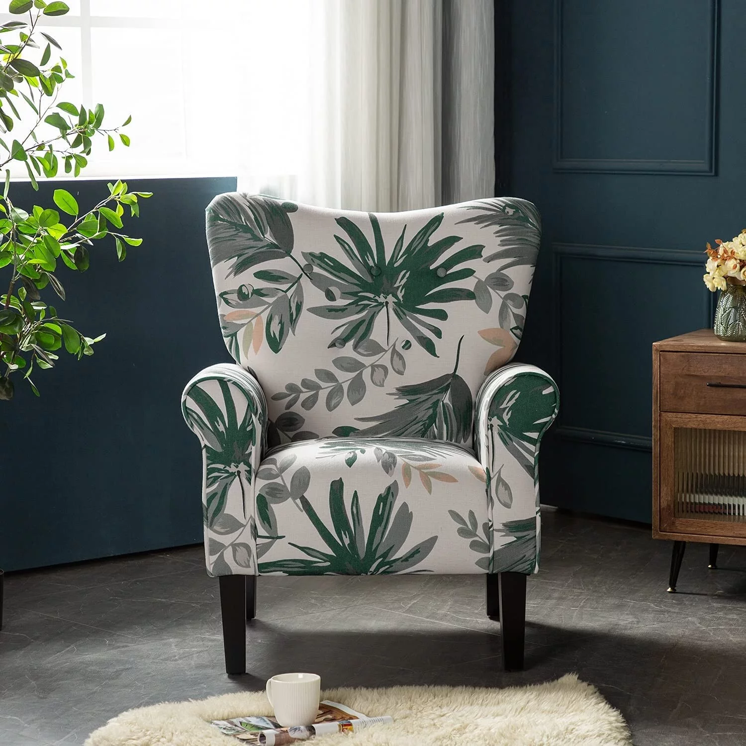 Erommy Wing back Arm Chair, Upholstered Fabric High Back Chair with Wood Legs Green leaves Floral