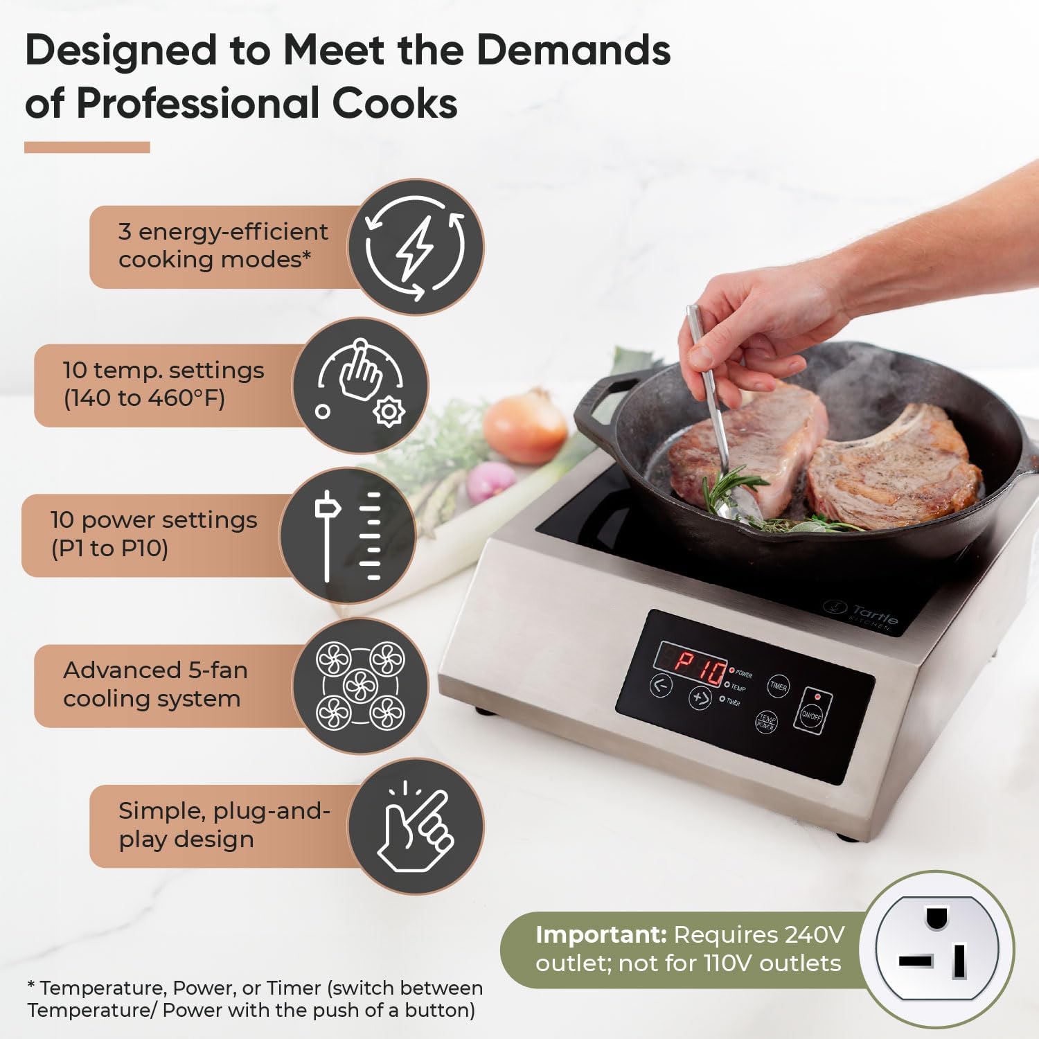 Commercial Induction Cooktop Burner - Professional 3400W 240V Induction Cooker Countertop Burners with Wider 9" Coil & 5 Cooling Fans