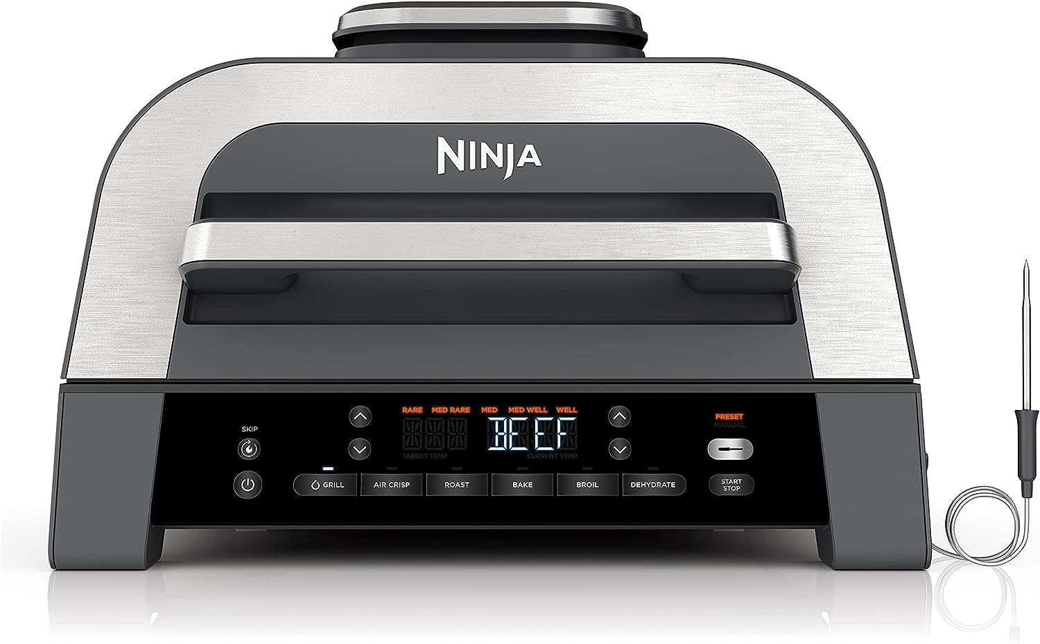 Ninja DG551 Foodi Smart XL 6-in-1 Indoor Grill with Air Fry, Roast, Bake, Broil, & Dehydrate, Foodi Smart Thermometer, 2nd Generation, Black/Silver