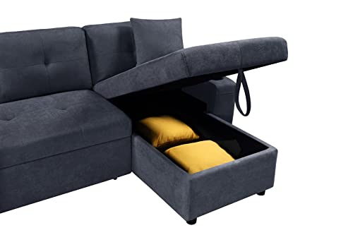 Sectional Sofa Sleeper with Pull Out Bed and Reversible Chaise Lounge, Modern L-Shaped 3-Seat Couch SofaBed with Cupholders